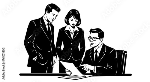 Business professionals collaborating on a document during a meeting