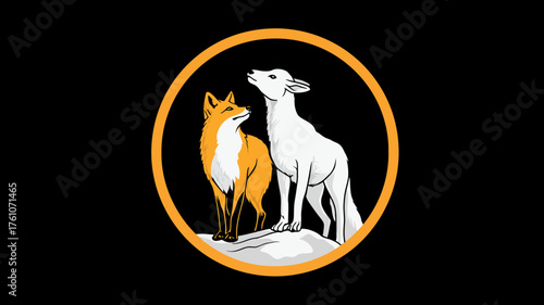 Stylized vector graphic: an orange fox and a white fox on snowy ground, looking up, enclosed in a golden circle on black. Wildlife illustration.