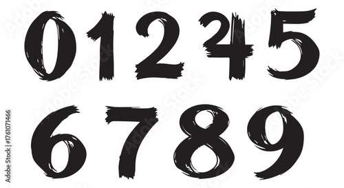 Numbers zero to nine in a rough, brushstroke style, isolated on transparent background