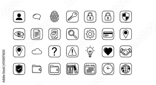 Hand Drawn Icons Representing Security Technology Communication and Finance