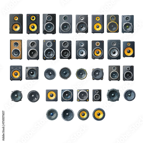 Collection of various audio speakers, showcasing different designs and sizes, isolated on white background.