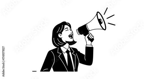 Woman in suit with megaphone announcing news loudly