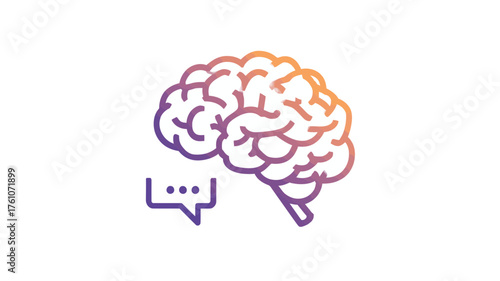 Gradient line art icon of a human brain with a speech bubble, symbolizing thought, communication, idea generation, and mental processes.