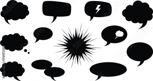 Speech and thought bubbles, black comic icons, dialogue shapes, graphic design elements, burst symbol, editable vector, storytelling tools, cartoon layout