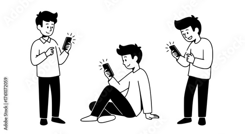 Young people engaged with their smartphones displaying glowing screens