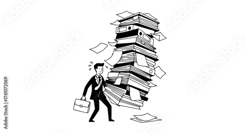 Overwhelmed Businessman Struggling Under Towering Stack of Documents