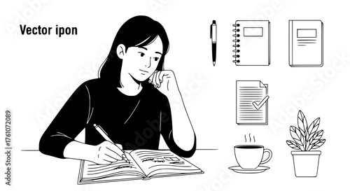 Young Woman Writing in a Notebook with Study Materials and Coffee