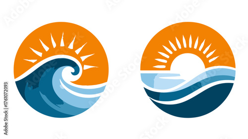 Vector sun and ocean waves icon set in circular shape. Abstract design for summer travel, beach vacation, tropical destinations, and nature.