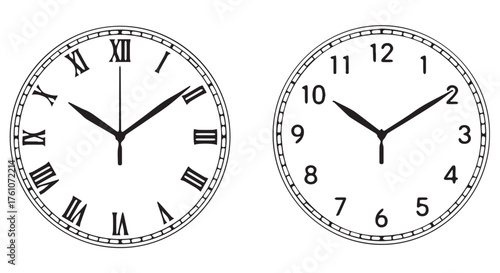 Two clock faces, one with roman numerals and one with arabic numerals isolated on transparent background