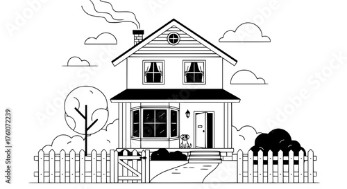 Charming Two Story House with a White Picket Fence and Tree