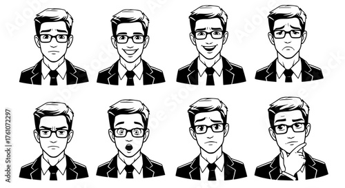 Diverse Facial Expressions Of A Businessman In Formal Wear And Glasses