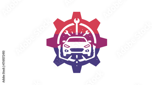 Automotive repair service icon with car, wrench, and screwdriver inside a gear symbol. Vehicle maintenance workshop graphic design.