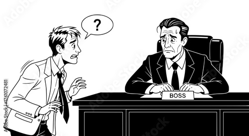 Employee facing boss with confusion and anxiety about performance review