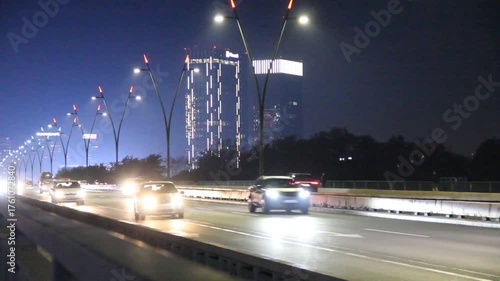 heavy traffic at night on the bridge in Belgrade