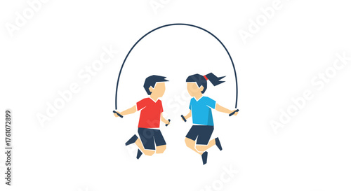 Flat design illustration of a young boy and girl jumping rope together engaged in playful exercise.
