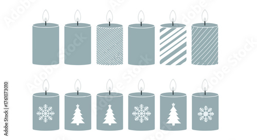 Set of twelve decorative candles with winter and abstract patterns isolated on transparent background