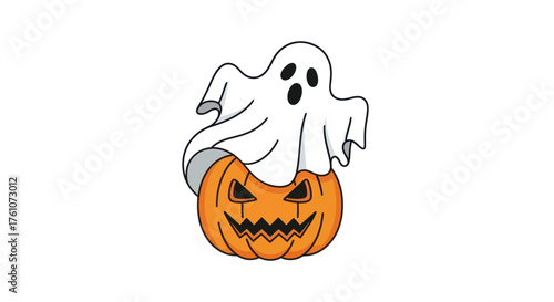 Spooky Ghost Sitting Atop a Carved Halloween Pumpkin.