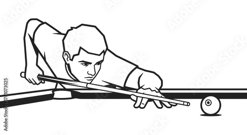 Billiards Player Aiming at Ball on Pool Table Line Art Illustration.