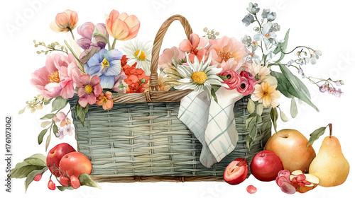 Watercolor picnic basket with spring flowers and fruits, transparent