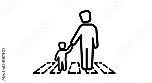 Parent and child crossing street on pedestrian crosswalk safety icon.