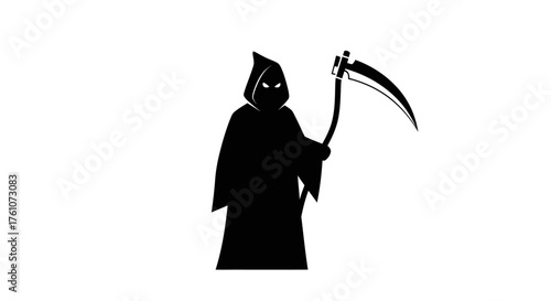 Black silhouette of the Grim Reaper a hooded figure holding a scythe with glowing eyes.