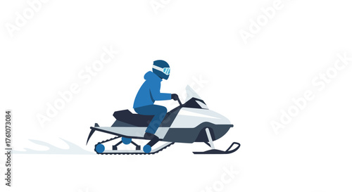 Snowmobile Rider in Blue Jacket on White and Gray Machine.