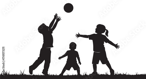 Silhouette of three children playing with a ball in the grass isolated on transparent background