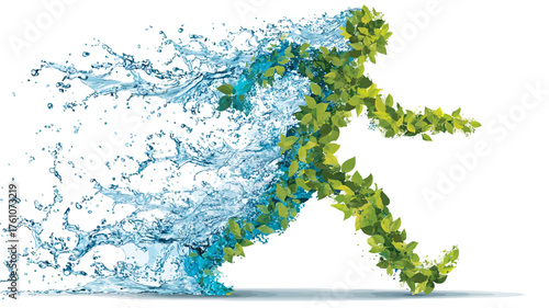 Dynamic human figure made of green leaves and flowing water, symbolizing nature, health, environment, energy, and sustainability concept.