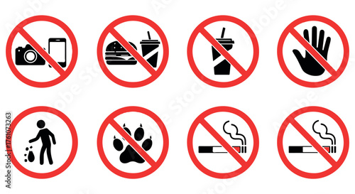 Collection of eight prohibition signs with red circle and slash isolated on transparent background
