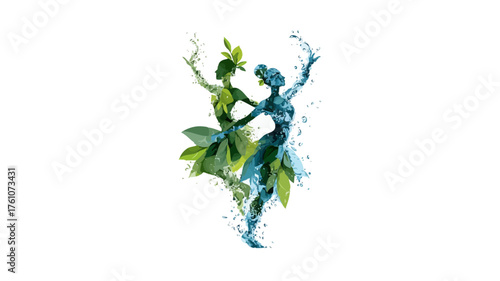 Abstract dancing figures of green leaves and fresh water splashes, symbolizing nature's harmony, ecological balance, and environmental connection.