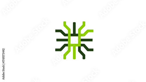 Abstract green technological circuit pattern, digital data flow network icon, interconnected lines graphic design element.