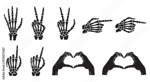 Skeleton hand gestures and heart shapes isolated on transparent background