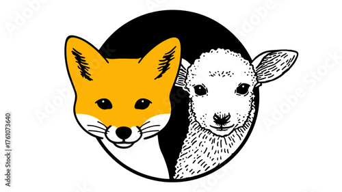 Contrasting heads of an orange fox and a white lamb illustration, symbolizing duality and nature's balance