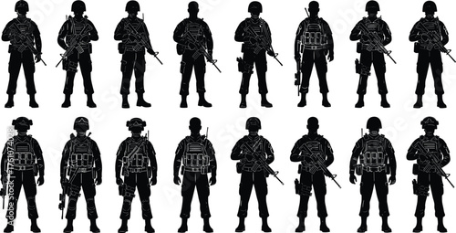 Tactical soldier silhouette vector, military gear lineup, armed forces illustration, combat unit design, black graphic, war themed artwork