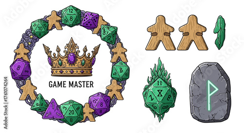 Elegant tabletop gaming vector elements with dice wreath, GM crown, and rune stone for geek culture branding