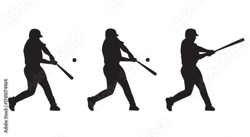 Silhouette of a baseball player swinging a bat at a ball in three sequential motion poses, isolated on transparent background