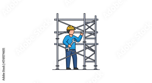Cartoon construction worker in a yellow hard hat assembling metal scaffolding.