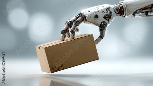 Futuristic robotic hand holding cardboard box symbolizing artificial intelligence and automation