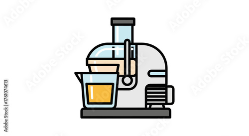 Modern Electric Juicer Machine with Measuring Cup Filled with Juice.
