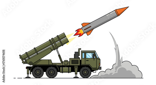 Military Rocket Launcher Firing Missile with Orange Flames.
