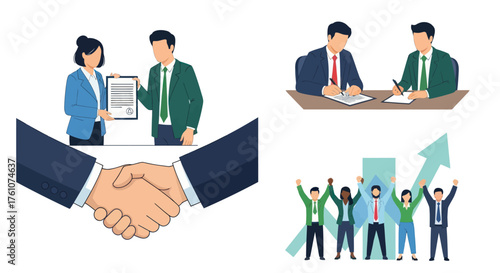 Business professionals collaborating and celebrating success in diverse scenarios.