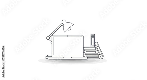 Simple line art drawing of a modern laptop adjustable desk lamp and stacked books.