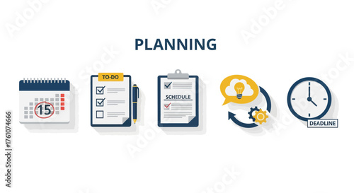 Digital Planning Icons with Calendar Checklists Time Management and Strategy.