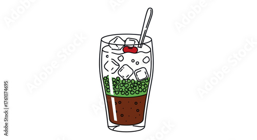 Hand-drawn illustration of a glass of iced Cendol a traditional Southeast Asian dessert drink.