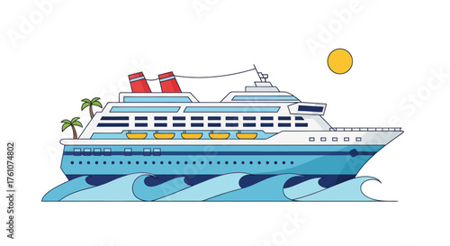 A large modern cruise ship sailing on wavy blue ocean waters under a bright yellow sun.