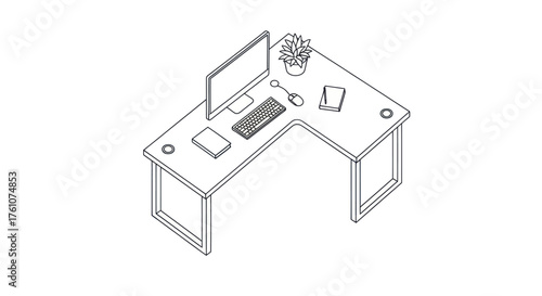 Isometric line drawing of a modern L-shaped office desk with computer and accessories.
