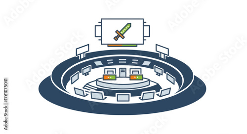 Circular esports arena or cyber command center with computer stations and a large screen showing a sword icon.