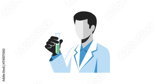 Scientist in lab coat holding test tube with green liquid.