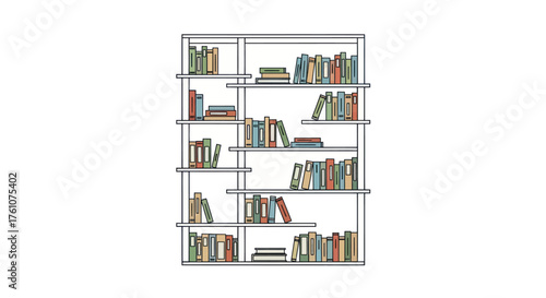 Detailed Line Art Bookshelf Filled with Various Books.