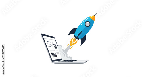 Blue cartoon rocket ship launching from a laptop screen symbolizing a business startup and growth.